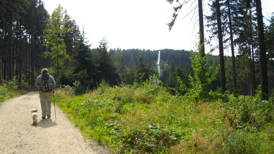 Auf dem Jean-Paul-Weg kurz vor Bischofsgrün – am Fuß des Ochsenkopfs mit Sommerrodelbahn im Bild