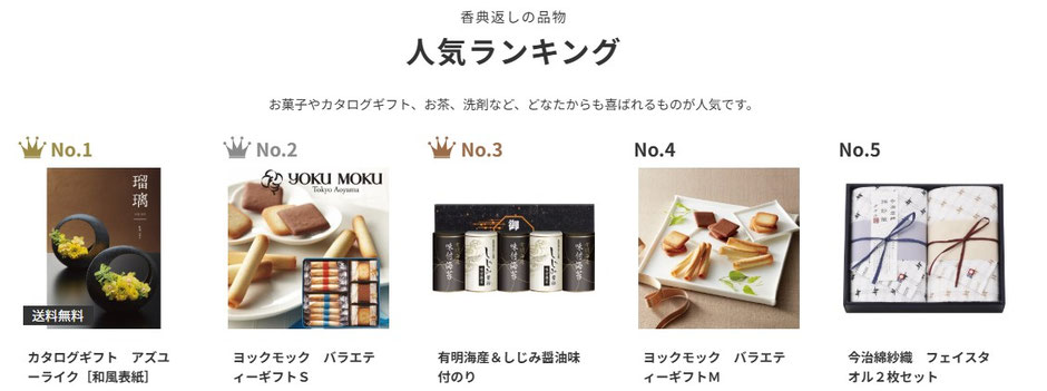 香典返しの人気ランキング。１位カタログギフト、２位スイーツ、３位味付海苔、４位ヨックモック、５位今治タオル