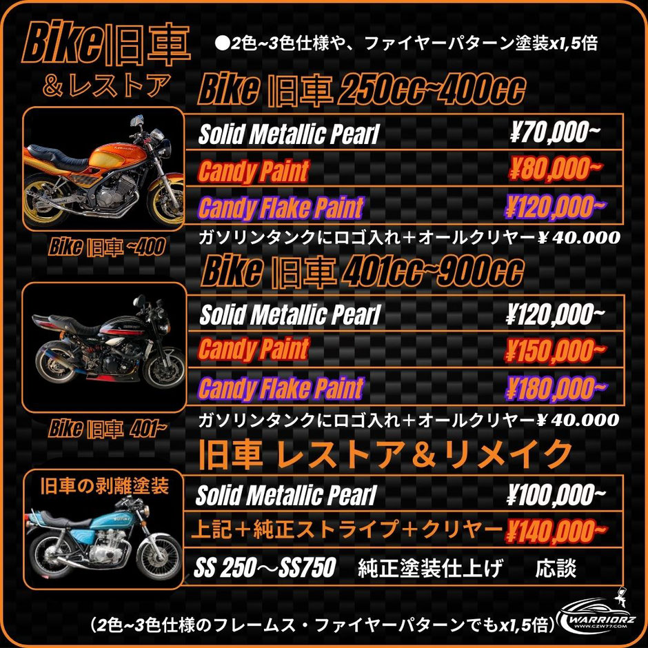 カスタムペイントバイク旧車,バイク旧車の塗装料金,バイク純正塗装,カスタムペイント塗装料金