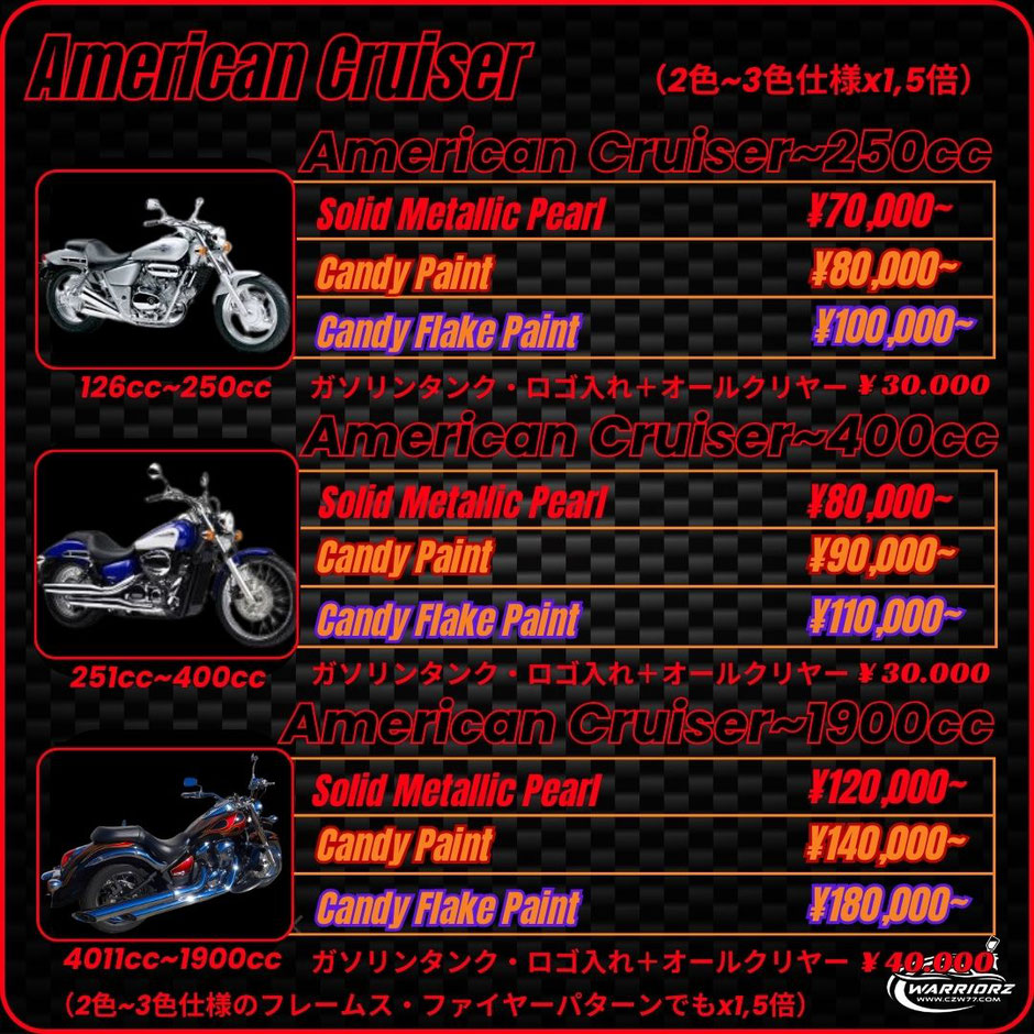 カスタムペイントバイク,オートバイ,塗装料金表,アメリカン・クルーザータイプ