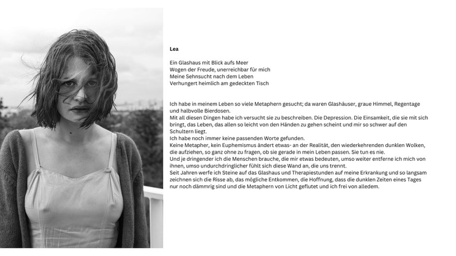 Schwarz-weiß Portrait einer jungen Frau, fotografiert von Fotografin Malina Bura in Berlin, daneben ein Text zum Thema Depression und soziale Ängste