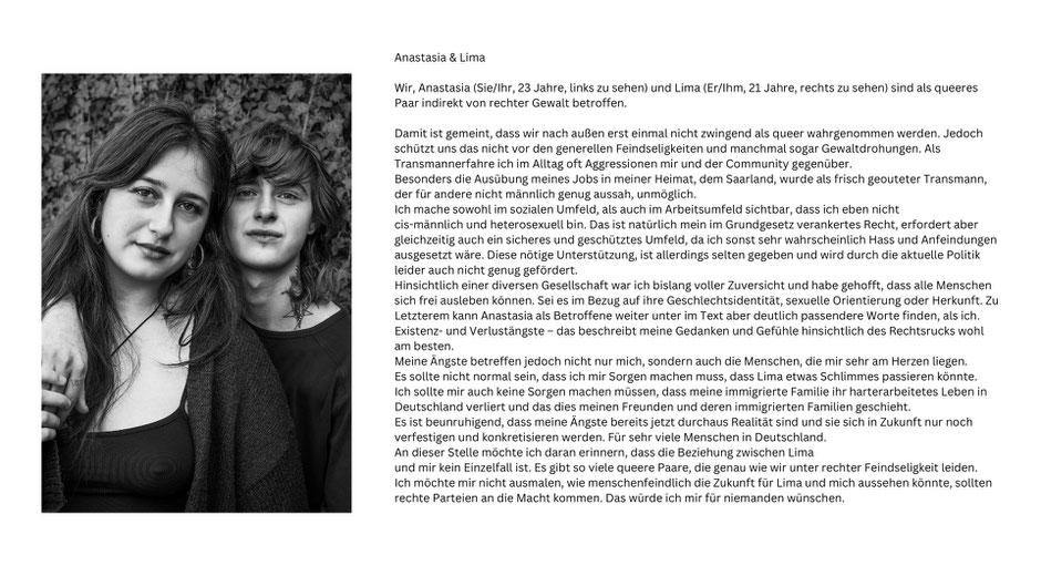 Portraitfotografie eines jungen queeren Pärchens von Malina Bura und daneben ein Text über Alltagsdiskriminierung und Angst