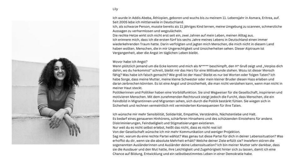 Eine junge schwarze Frau lacht in die Kamera, daneben ein Text von ihr über ihre Erfahrungen mit dem Rechtsruck in Deutschland