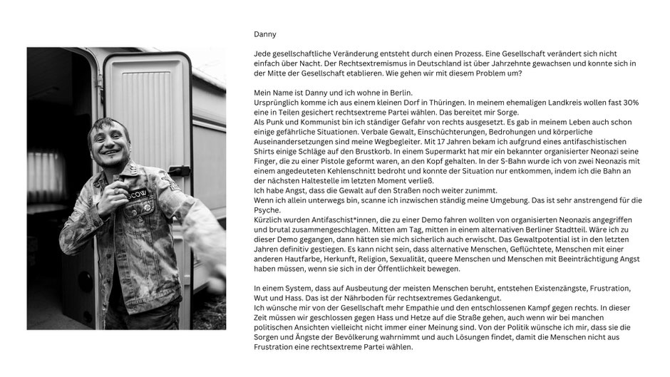 Portrait eines jungen Punks und ein Text, in welchem er von seiner Angst im Hinblick auf den Rechtsruck in Deutschland berichtet