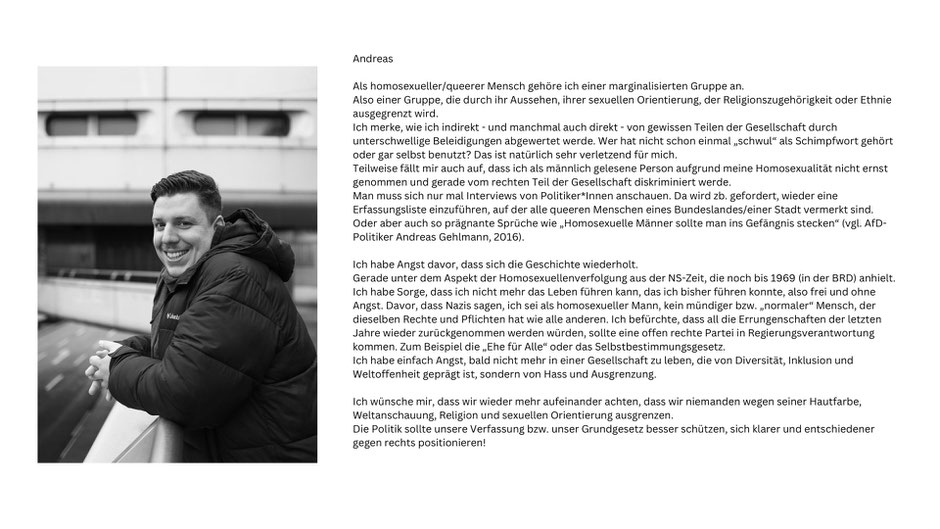 Portraitfotografie eines jungen Mannes und ein Text, in dem er von seinen Erfahrungen mit Diskriminierung als schwuler homosexueller Mann spricht