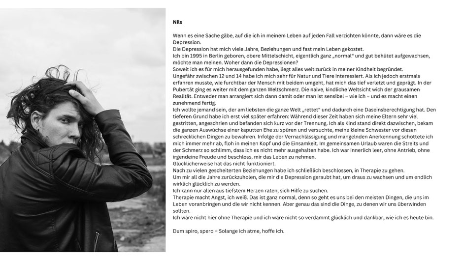 Junger Mann mit langen Haaren blickt in die Kamera - Portraitfotografie von Malina Bura für ihre Ausstellung zum Thema Depression