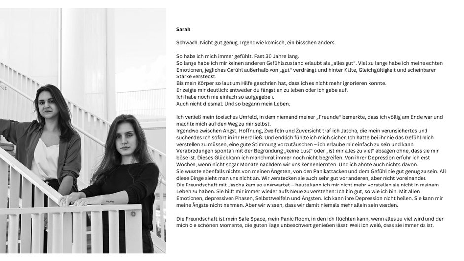 Zwei junge Frauen lehnen an einem weißen Geländer und schauen ernst - Portraitfotografie von Malina Bura über Depressionen