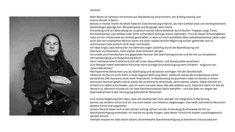 schwarz-weiß Portrait einer jungen Frau im Rollstuhl und ein von ihr verfasster Text zum Thema Diskriminierung und Rechtsruck