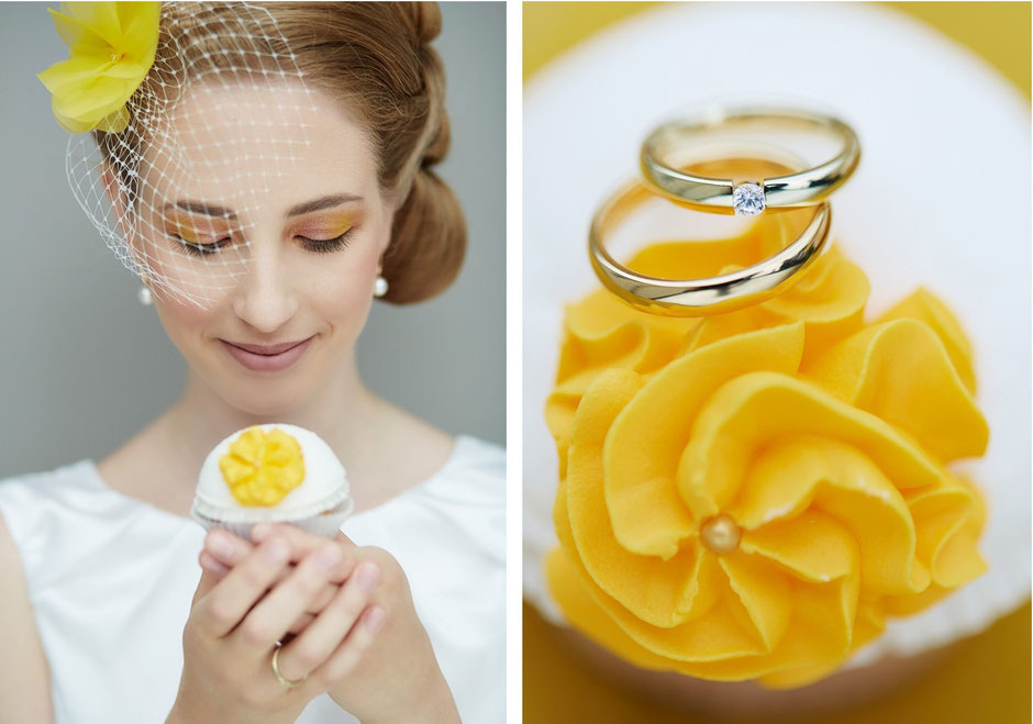 Brautaccessoires und Deko in Gelb für moderne oder retro Hochzeiten.