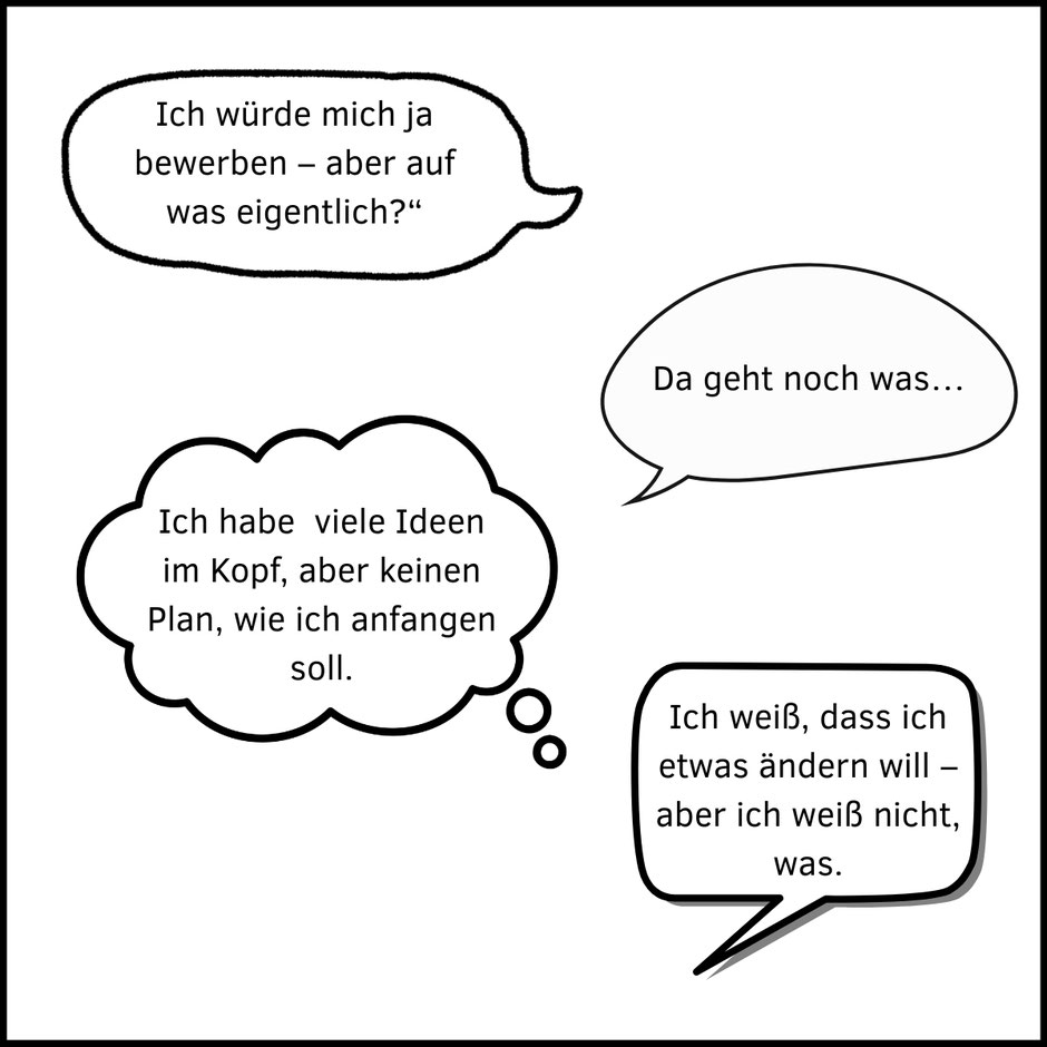 Sprechblasen mit Fragen, die sich bei der beruflichen Neuorientierung stellen.