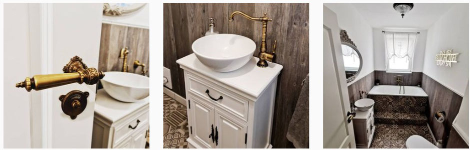 Badezimmeridee eleganter Landhausstil weißes Holz Armatur aus Messing Fliesendekor