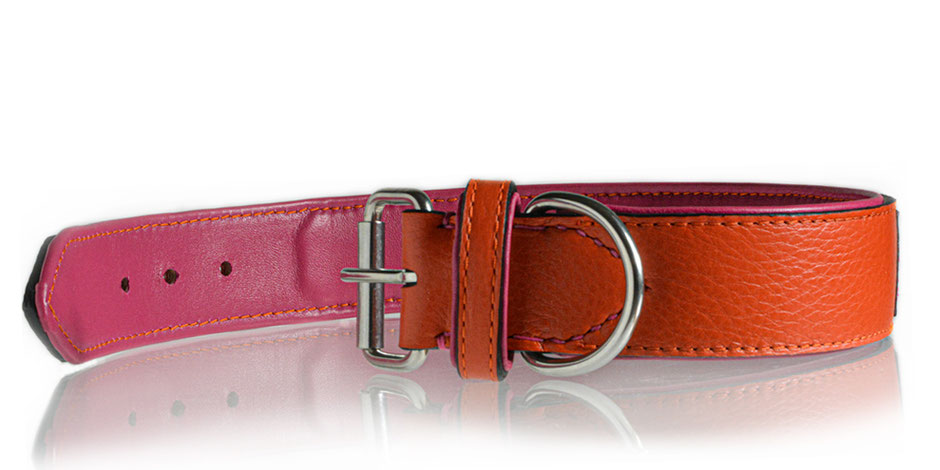 Hundehalsband aus Leder mit Namen, in Orange mit Pink