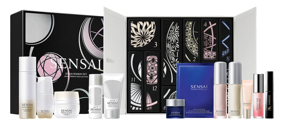 Sensai Verwöhn-Set, welches die beliebtesten Hautpflege-, Make-up- und Körperpflegeprodukte von SENSAI enthält. 12 Päckchen.