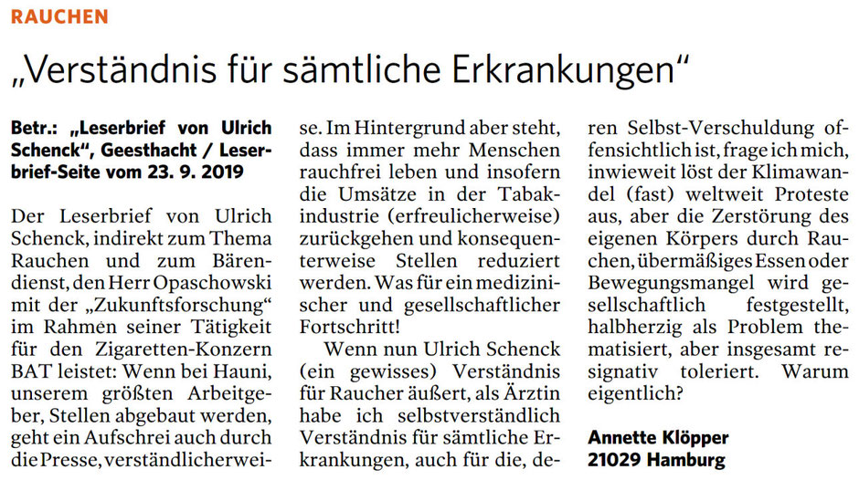Leserbrief Bergedorfer Zeitung 16.10.2019