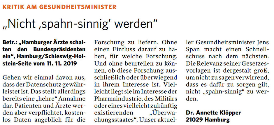 Leserbrief Bergedorfer Zeitung 05.12.2019