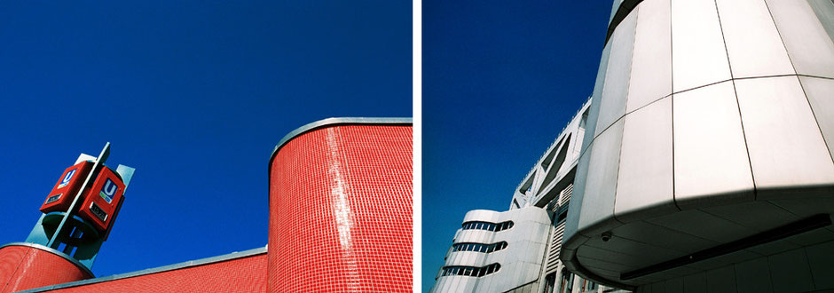 Berlin Wilmersdorf U-Bahnhof Fehrbelliner Platz - Berlin Charlottenburg ICC Raumschiff Messe Berlin Fassade Blauer Himmel