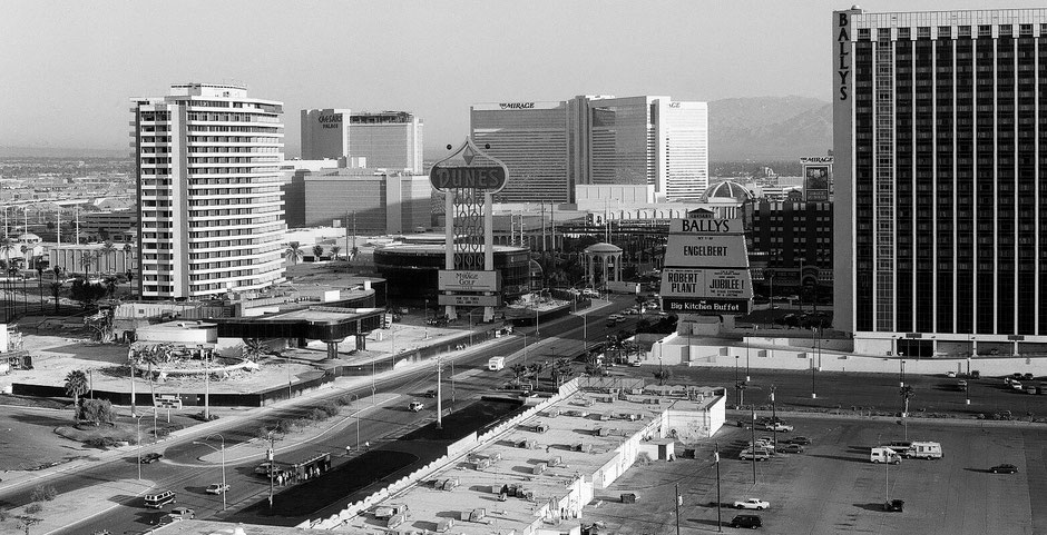 Las Vegas Nevada 1993, Dunes, Ballys, The Mirage, Cesars Palace, Las Vegas Boulevard hightened view from Hotel Aladdin, Las Vegas overview, black&white photography, contemporary fine art, limited edition, collector's edition