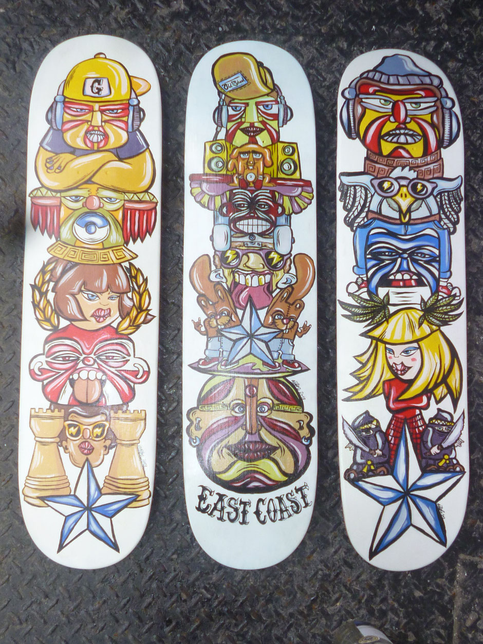 Hand painted skateboard decks made in Montreal and exhibitioned at Station 16 Gallery, Acrylics on sk8 decks