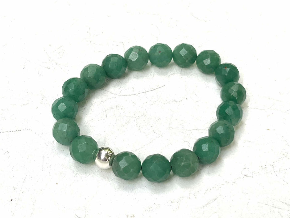 Aventurin Armband mit grünen 10 mm Edelsteinperlen und Silberkugel aus 925 Silber