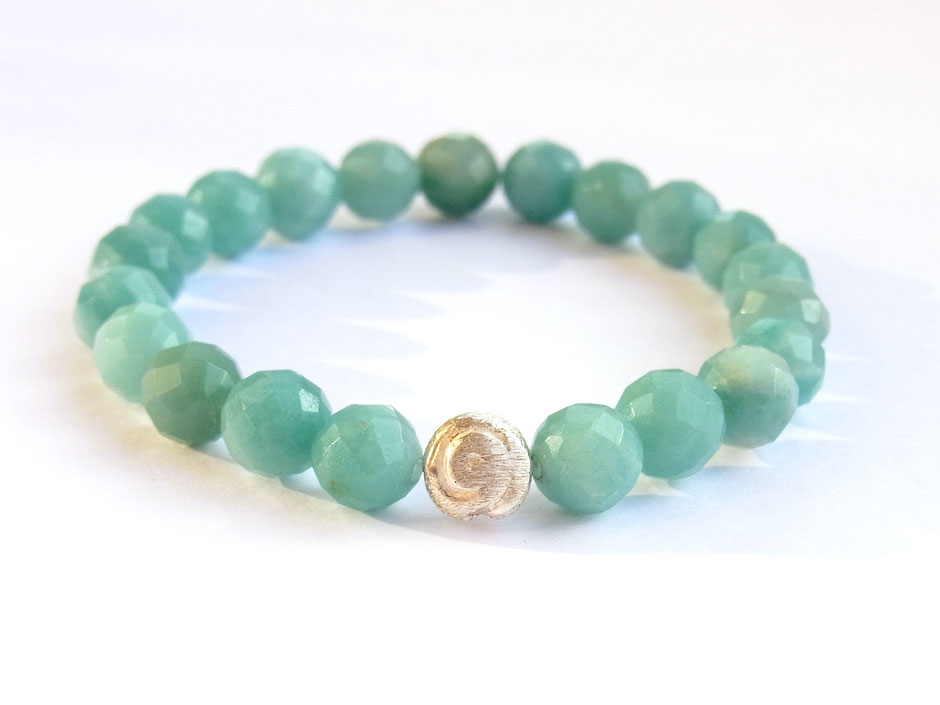 Edelstein Armband mit blau grünen Amazonit Perlen und Silbermuschel