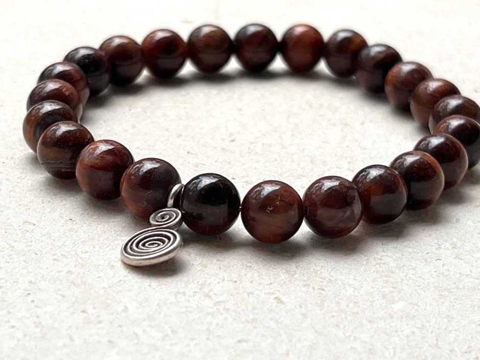 Edelstein Armband mit roten Tigerauge Kugeln und Spirale aus Silber