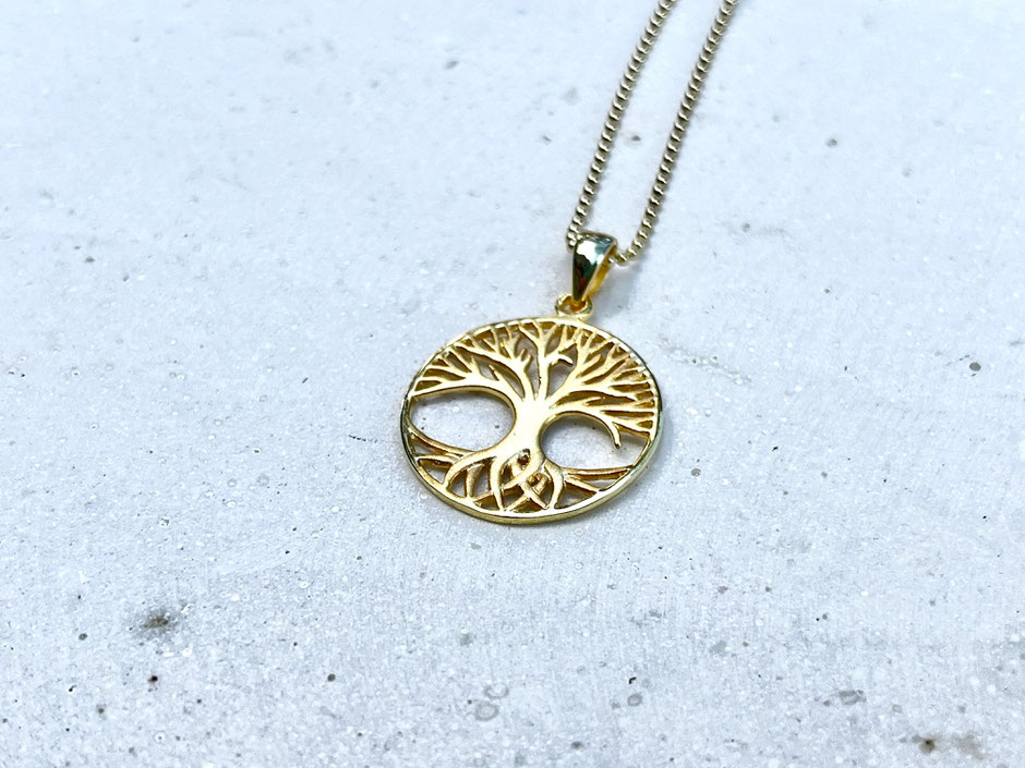 Kette mit runden Baum des Lebens Anhänger aus vergoldeten 925 Silber
