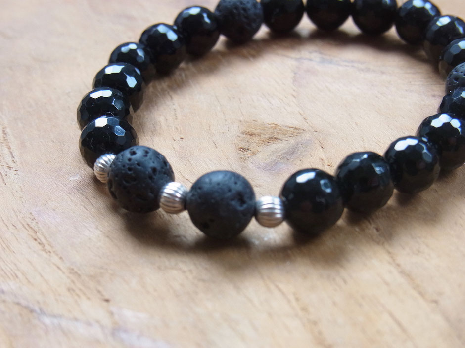 Edelstein Armband mit schwarzen Edelsteinen wie Onyx, Lavastein und Silber