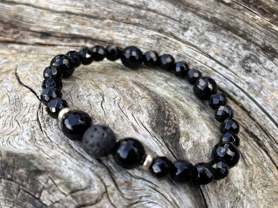 Armband mit schwarzen Onyx, Silber und Lavasteinen - handgemachter Edelstein Schmuck