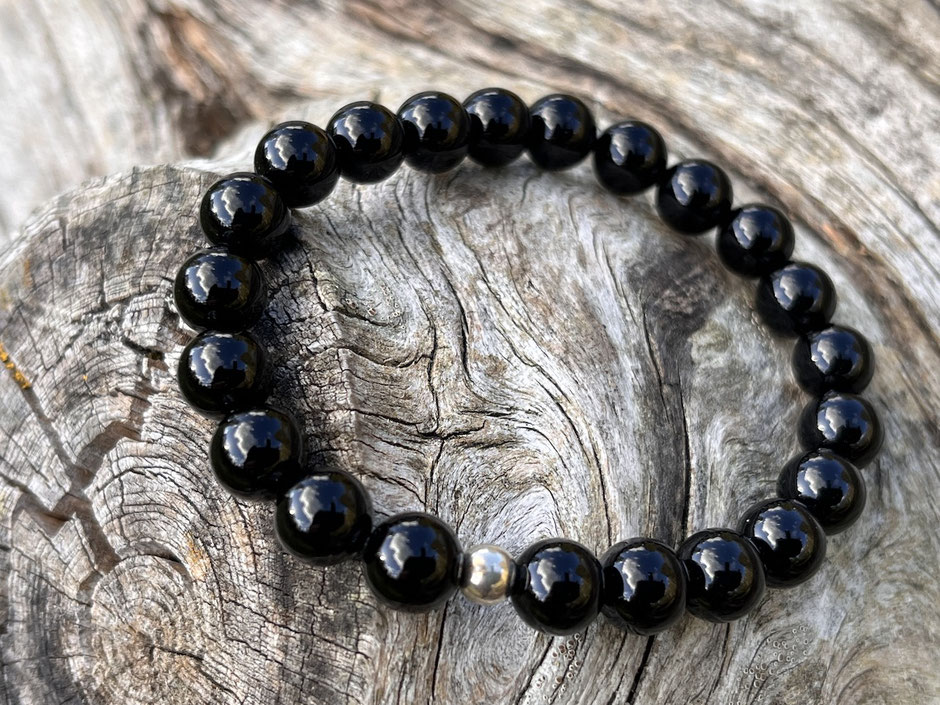 schlichtes schwarzes Onyx Armband mit Silberkugel