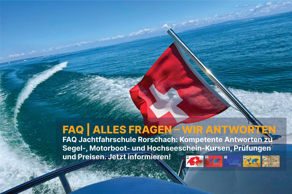 Schweizer Flagge am Heck eines Motorbootes auf dem Bodensee bei strahlend blauem Himmel – FAQ Jachtfahrschule Rorschach zu Segel-, Motorboot- und Hochseeschein-Kursen, Prüfungen und Preisen in der Schweiz