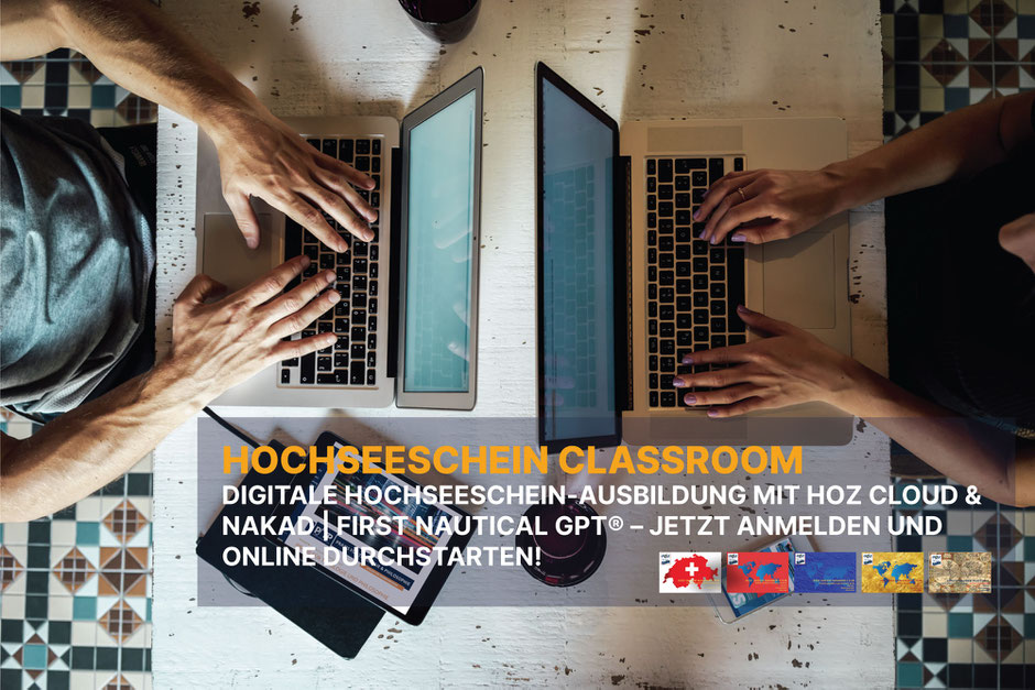 Zwei Personen arbeiten nebeneinander in der HOZ Hochseeschein Cloud am Laptop, Tablet und Smartphone.