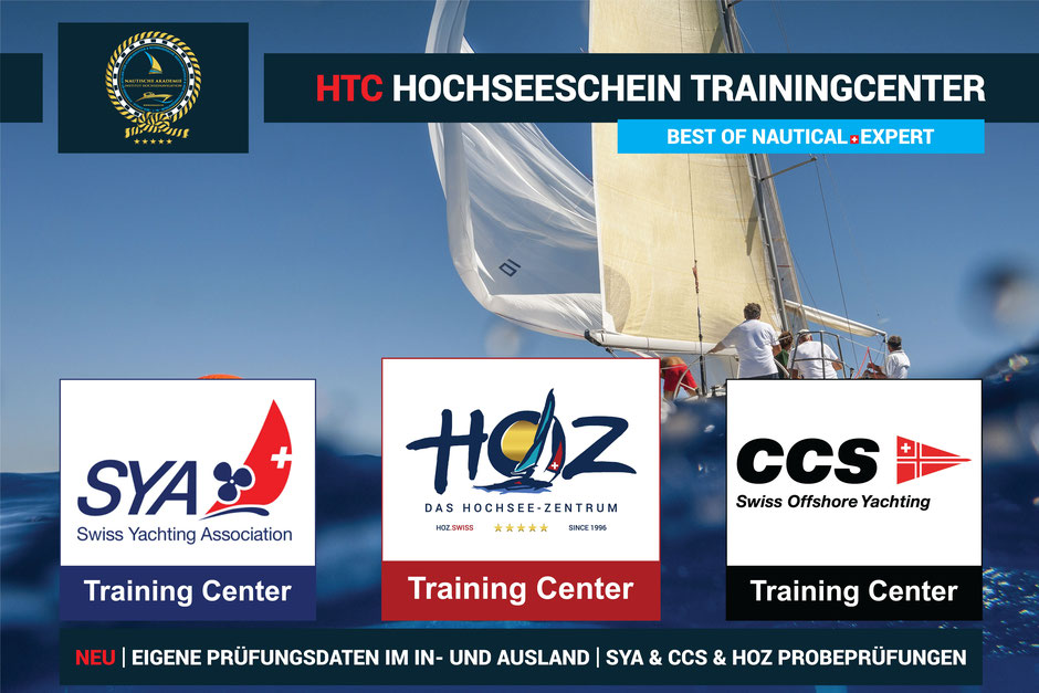 HTC Hochseeschein Trainingcenter von SYA, HOZ und CCS vor einer Segeljacht mit Crew – mit eigenen Prüfungsterminen und HOZ Probeprüfungen.