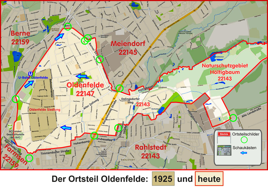 Der Ortsteil Oldenfelde heute und von 1925 (Oldenfelde Siedlung - dunkel eingefärbt)