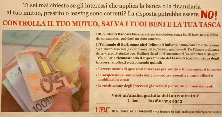 Campagna Mutui Usurari - La Gazzetta del Mezzogiorno del 13 gennaio 2019.