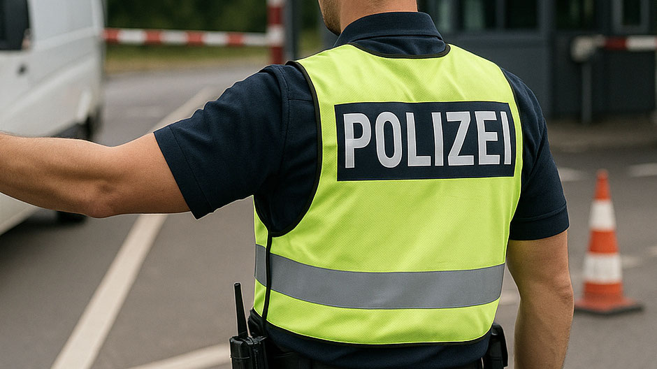 Ein Polizist weist bei einer Grenzkontrolle einen Transporter auf eine separate Spur (Bild KI-generiert)