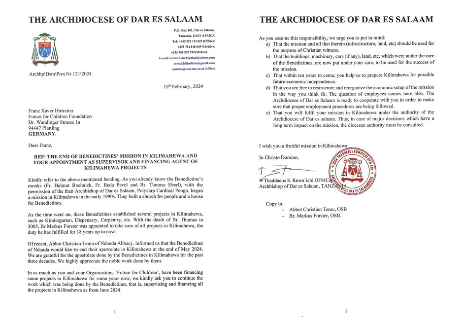 Ernennungsurkunde durch den Erzbischof von Dar Es Salaam, Thaddaeus Ruwaichi.