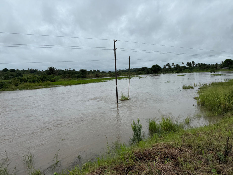 Überflutetes Feld mit Strommast und Wasser bis zum Straßenrand