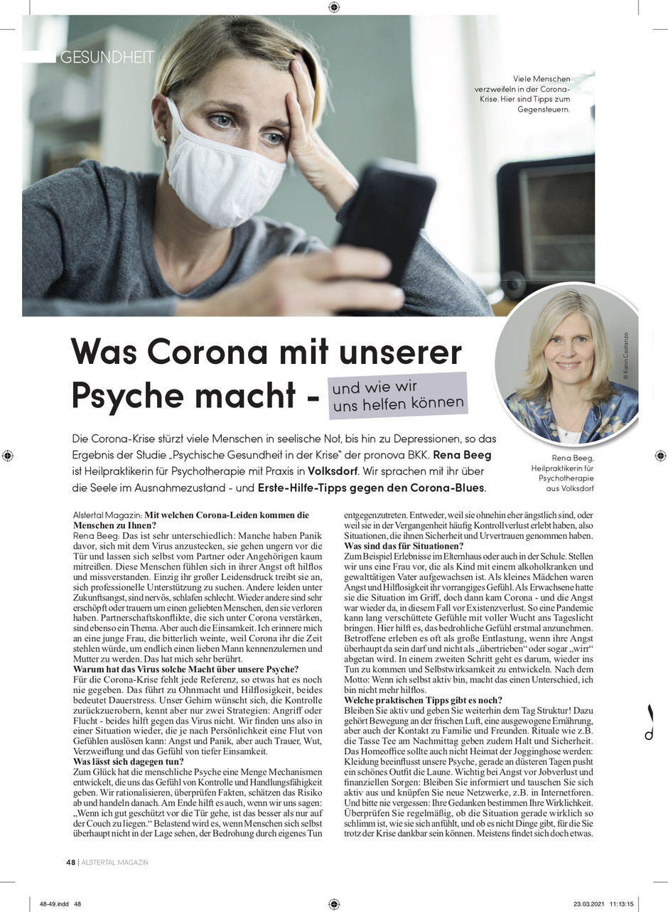 Ein Interview mit Rena Beeg, Heilpraktikerin für Psychotherapie, im Alstertal Magazin zu Corona  