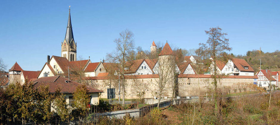 Man sieht die Altstadt von Möckmühl von einer Grünanlage aus. Die Bäumse sind unbelaubt. Links ist eine Kirche innerhalb der historischen Stadtmauer.