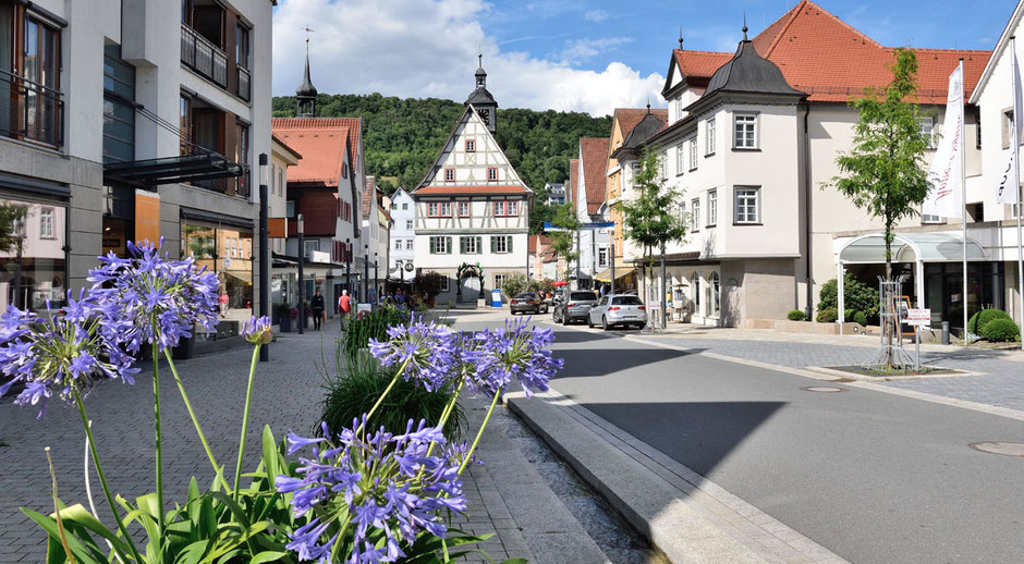 In der Innenstadt von Künzelsau führt eine Straße senkrecht durch die Mitte auf ein Fachwerkhaus mit kleinem Glockenturm zu. Links vorne im Bild sind, überdimensional fotografiert, blaue Blüten als Straßenbepflanzung. Rechts und links sind Häuser.