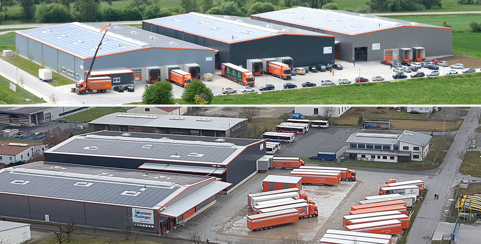 Es sind zwei Breitformate an Fotos übereinander: Oben sieht man drei Lagerhallen, aus den erhöhten nachbaschaftlichen Weinbergen fotogrfaiert, unten sind es zwei Neubau- und eine Altbauhalle plus Fahrzeuge.