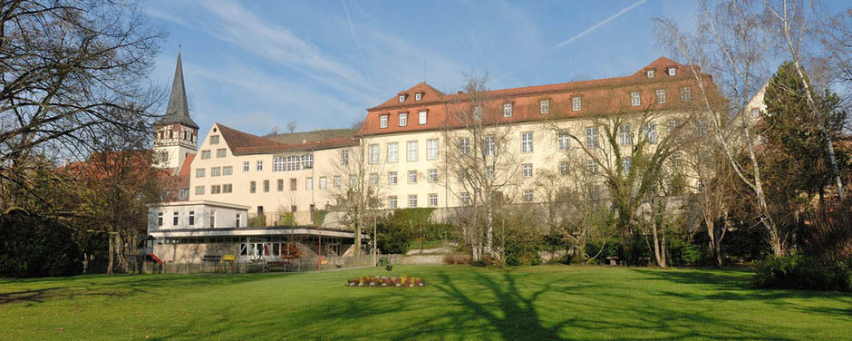 Ein beeidruckendes, bereites Gebäude in Ingelfingen, aus einem Park fotografiert. Man sieht leicht bergan. Links sieht man einen Kirchturm. Die Bäume sind unbelaubt.