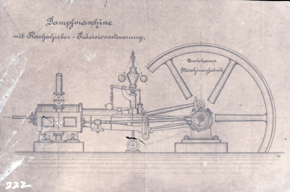 Zeichnung einer Dampfmaschine der Zwickauer Maschinenfabrik, ohne Zeitangabe [Quelle Museum Theuern, Unterlagen Baumann] - unklar ob diese Maschine auch wirklich eingesetzt wurde.