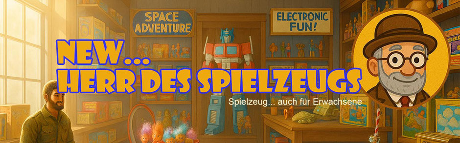 Das Bild zeigt den Markennamen Herr des Spielzeugs vor einem Spielzeugladen im Comic-Stil. Claim: Spielzeug... auch für Erwachsene.