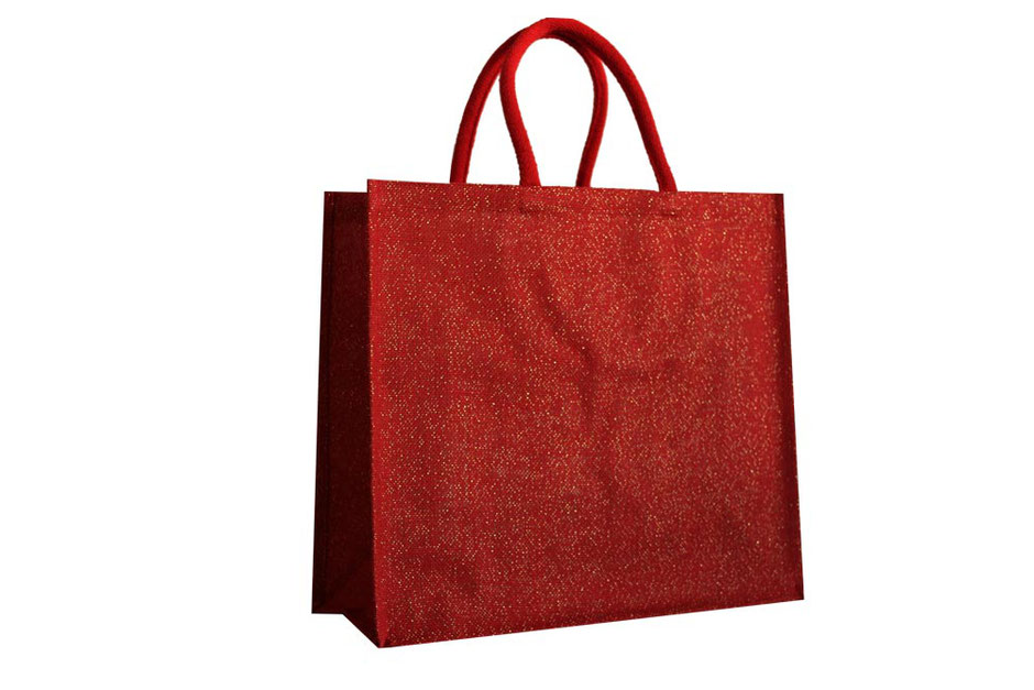 Jute Tragetaschen in Farbe rot mit eingewebten Fäden in gold, als Griff dient eine dicke rote Baumwollkordel aus 14x14 PSi starker Naturjute in rot