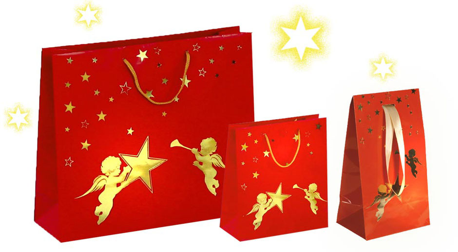 Weihnachtstasche und Geschenktasche Weihnachten Goldengel rot glänzende Tragetaschen mit Engel und Stern in gold bedruckt 