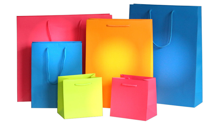 PapierTragetaschen Spirit mit geknoteten Kordeln Kordeltaschen blau grün-gelb Pink und Orange mit Baumwollkordel in Taschenfarbe als Verstärkung Randumschlag und Taschenboden kartonversärkt