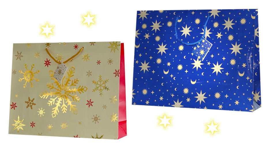Weihnachtstaschen Sterne gezeitgt werden 2 Weihnachtstragetaschen Blue Star und Schneesterne mit passender Kordel al Griff matt und glänzend plastifiziert