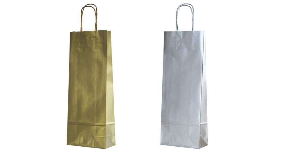 Flaschentasche und Tragetaschen für Flaschen in gold oder silber mit passender gedrehten Papierkordel Flaschentaschen silber als Werbe Geschenk oder Transport Tasche für Flaschen