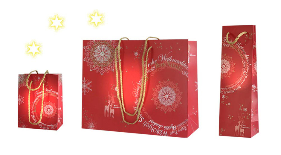 Weihnachtstaschen Natale M für Geschenke in 2 Größen mit Griffen Kordeln in kurz oder lang und Weinhnachts Taschen für Flaschen mit kurzen PP-Kordeln